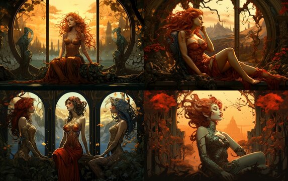 set illustrazioni fate elfe donne seduta sdraiata fantasy favole cornice finestra arcate piante panorama tramonto 4x