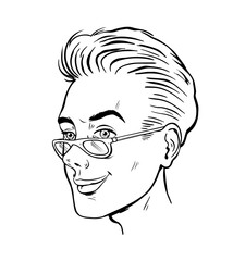 Portrait of a young man wearing glasses. Smile on the face. Modern, intelligent, handsome guy. Comic book hero. Cartoon vector illustration black and white. Sketch hand drawn line
