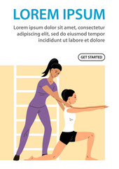 Physical rehabilitation clinic. Young woman patient doing exercises. Physiotherapist girl helps. Therapy and recovery. Design for website, poster. Flat vector illustration