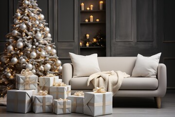 Living room with christmas decorations. Decorated Christmas tree. Beautiful Christmas gift boxes