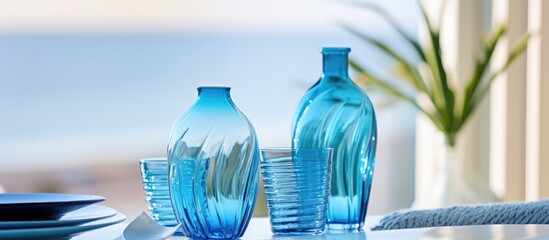 Nautical themed blue glassware on the table