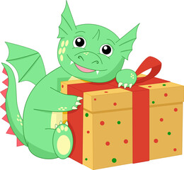 cute green dragon with a big gift, hugging and rejoicing, holidays, year of the dragon 2024, vector illustration
