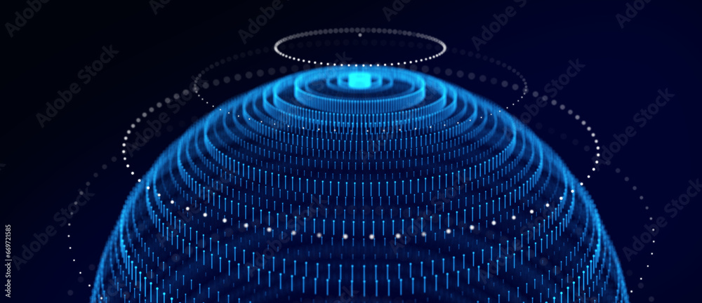 Poster abstract wireframe blue sphere. color circle shape with noise and connection dots and lines on dark 