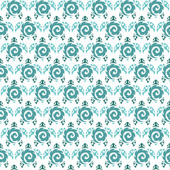 Seamless pattern with sea turtles. Marine life. Maori pattern. Stylish background. Blue and white.