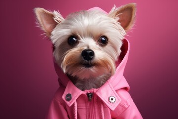 Cute fashionable Yorkshire Terrier dog dressed in pink jacket close up. Purebred dog. Stylish pet. Puppy in pink clothes. On pink background. Dog clothing store. Poster, banner, placard.
