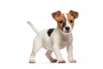 Full size purebred jack russell terrier puppy on white background with copy space. Pedigree dog. For advertising, poster, banner, promoting pet stores, grooming services, veterinary clinics, dog care