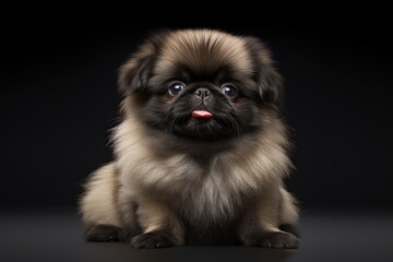 Full size purebred Pekingese puppy on black background with copy space. Pedigree dog. For advertising, posters, banners, or promoting pet stores, dog care, grooming services, veterinary clinics.