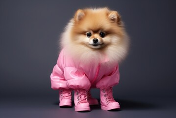 Cute glamorous purebred Pomeranian dwarf Spitz dog dressed in stylish pink jacket and cute boots on a clean grey background. Pedigreed dog. Stylish, fashionable puppy. Copy space - obrazy, fototapety, plakaty