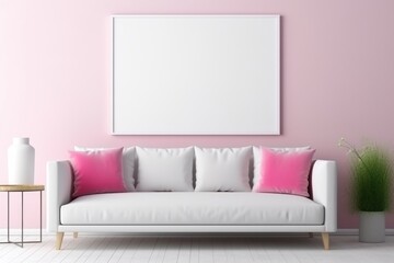 Mockup, template for design. Modern light fashionable living room interior with large empty picture frame on light pink wall. With copy space. White sofa with pink pillows. Banner, advertising poster.