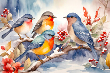 Birds on a rowan branch. Winter background. Generative AI