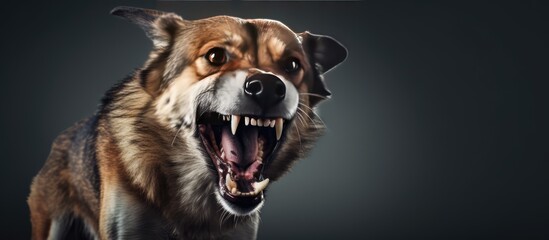Studio shot of an angry mixed breed dog standing excitedly on a grey background