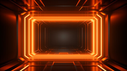 Neon Glowing Orange Laser Frame Futuristic Sci Fi Retro Light On Grunge Room Dance. generative ai