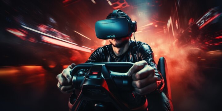 Futuristic simulator seat cockpit, man playing smart video games with VR virtual reality goggles at home, boy driving a 3D motorsport or spaceship for online e-sport, innovation concept generative ai