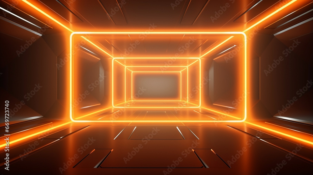 Poster Neon Glowing Orange Laser Frame Futuristic Sci Fi Retro Light On Grunge Room Dance. generative ai