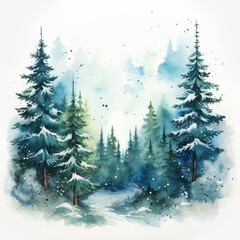 Fototapeta premium Watercolor Illustration of Winter Spruce Forest Landscape