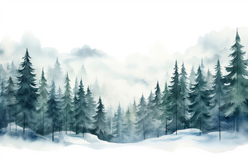 Fototapeta na wymiar Watercolor Illustration of Winter Spruce Forest Landscape