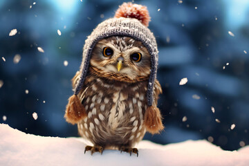 Little owl wearing a beanie hat in the snow 