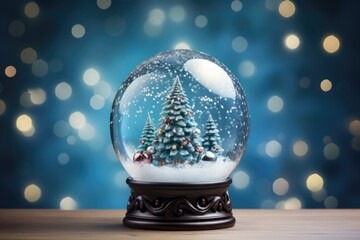 Fototapeta na wymiar Magical snow globe with Christmas decorations. Generative AI. Blue background
