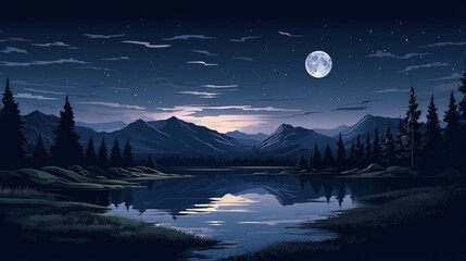 Night landscape dark forest river Night sky, mountains Reflection in water moonlight. generative ai