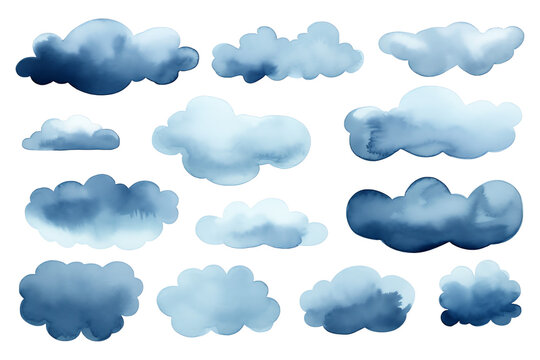 blue watercolor rainclouds isolated on transparent background clipart cutout
