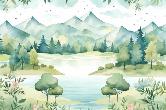 Adorable scenery featuring a lake, trees, and mountains. Repeating watercolor pattern adds charm along with a horizontal border. Generative AI
