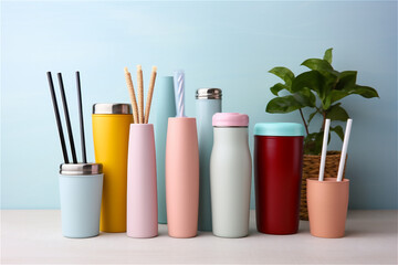 To go different reusable cups, mugs and straws - obrazy, fototapety, plakaty