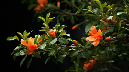 An exotic tropical shrub with long, bright green leaves and a single orange bloom