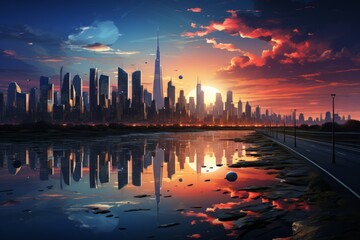 Fototapeta na wymiar Skyscrapers of Dubai business downtown. International hub of trading and financial services
