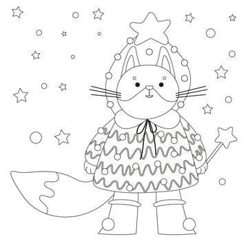 Winter coloring page. Cute fox in Christmas tree costume with Christmas star. Coloring page for coloring book. Cartoon vector illustration.