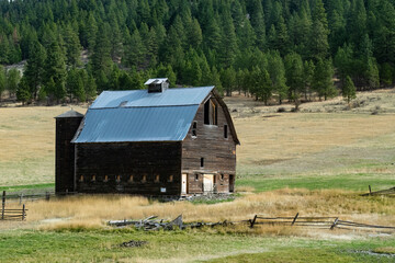 Old abandoned barn set in a green and gold pasture surrounded by trees.