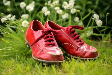 red football shoes in the garden on the lawn. Generative AI