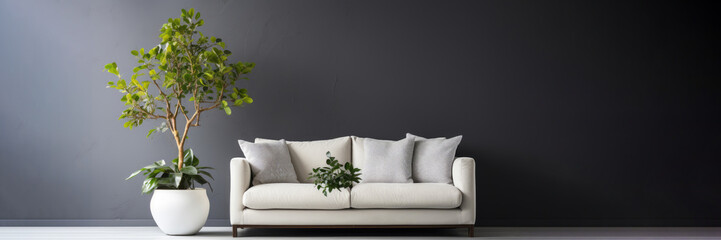 Horizontal banner with copy space for text. White sofa and potted houseplant against gray concrete wall. Minimalist home interior design of modern living room, panorama. 3D. Copyspace. Generative AI