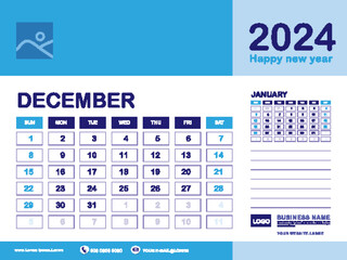December 2024 year, Calendar planner 2024 and Set of 12 Months, week start on Sunday. Desk calendar 2024 design, simple, Wall calendar, Corporate design planner template vector, blue background