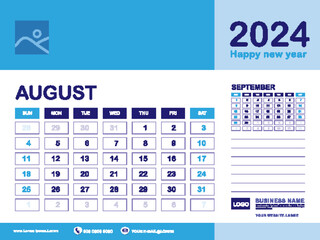 August 2024 year, Calendar planner 2024 and Set of 12 Months, week start on Sunday. Desk calendar 2024 design, simple, Wall calendar, Corporate design planner template vector, blue background
