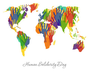 International Human Solidarity Day.Vector illustration with silhouettes of hands on a world map.