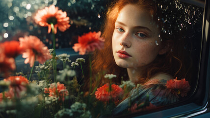 A young girl with long hair is sitting in a car surrounded by flowers.