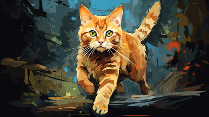 Cool looking orange tabby cat running in abstract mixed grunge colors illustration.