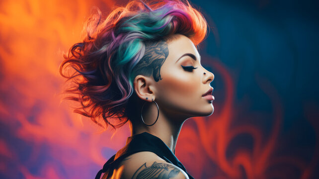 Profile of a young, modern girl with a short, colorful haircut. Urban hipster girl. Colorful background