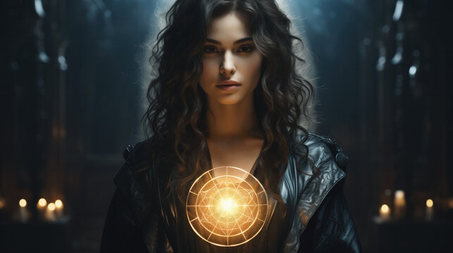 Illustration of a young, female mage casting a spell in the hall of a magic school