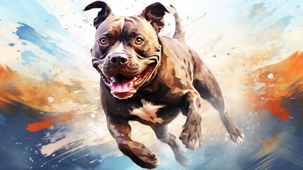 Cool looking american pitbull terrier dog running in abstract mixed grunge colors illustration.