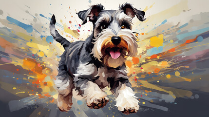Cool looking schnauzer dog running in abstract mixed grunge colors illustration. - obrazy, fototapety, plakaty