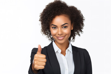 Cool looking young  african american businesswoman thumbs up , isolated on white background.