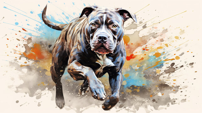 Cool looking american pitbull terrier dog running in abstract mixed grunge colors illustration.
