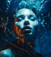 A sensual portrait of a young woman with an artistic spirit, her eyes closed underwater.