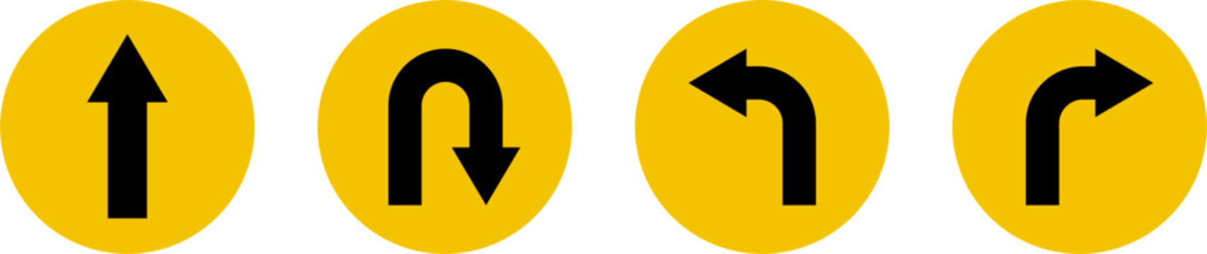 Go Straight This Way One Way Only U Turn Left and Right Black and Yelllow Arrow Round Circle Traffic Sign Direction Icon Set. Vector Image.	