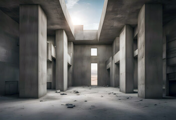 Naklejka na ściany i meble interior of a abandoned ruined concrete industrial brutalist building in desert landscape