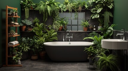 Fototapeta na wymiar Bright bathroom with subway tile and a variety of dark green plants of deep forest style