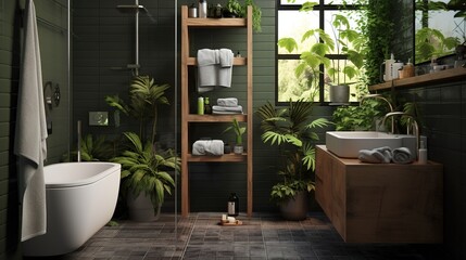 Fototapeta na wymiar Bright bathroom with subway tile and a variety of dark green plants of deep forest style