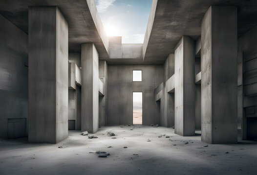 interior of a abandoned ruined concrete industrial brutalist building in desert landscape