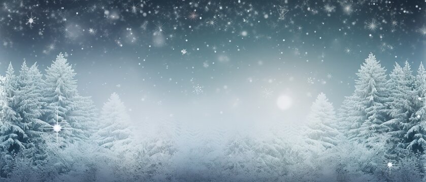 Christmas banner background, winter panoramic with snow-covered fir branches and snowfall flakes